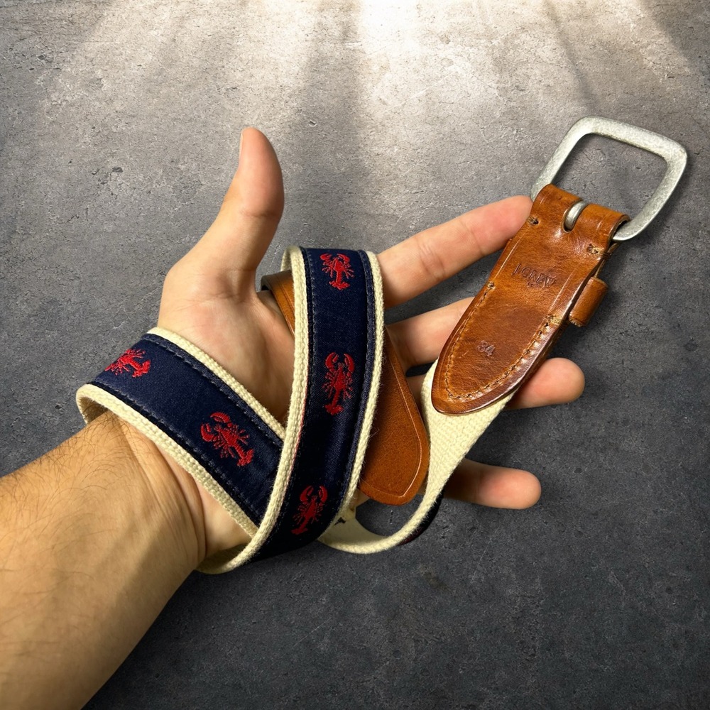 J.Crew Lobster Ribbon Belt Navy Brown Leather Trim Size 34 Preppy Retro
